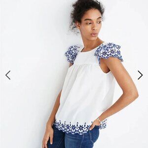 Madewell Women’s Embroidered Story Top White and Blue Short Sleeve - Size Small